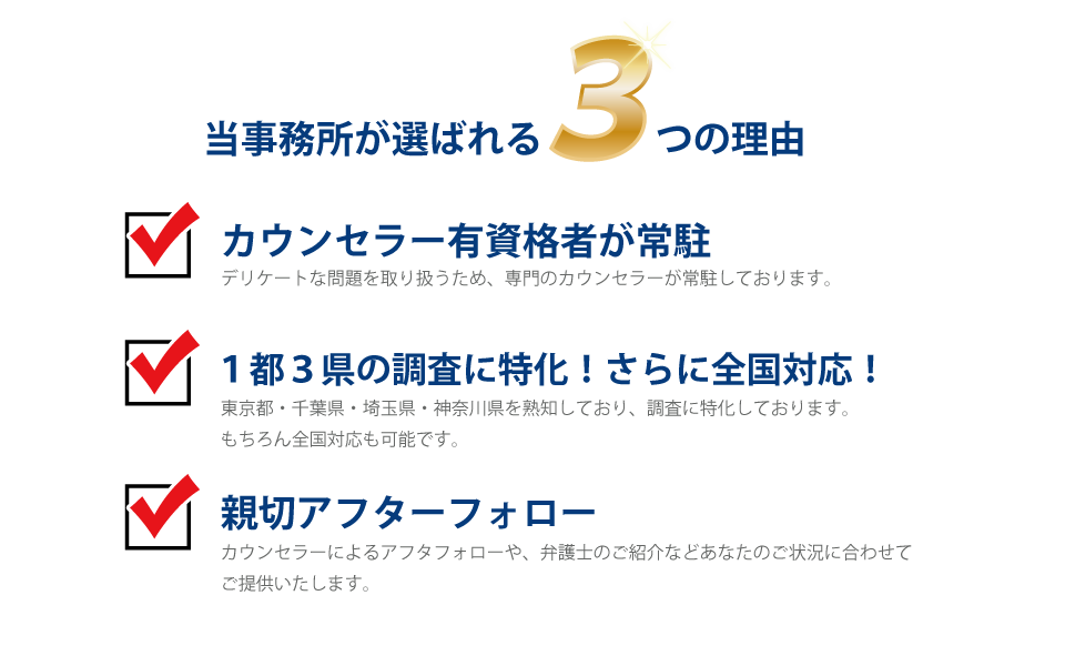 当事務所が選ばれる３つの理由。カウンセラー常駐。東京千葉埼玉神奈川を熟知し、さらに全国対応。親切アフターフォロー。